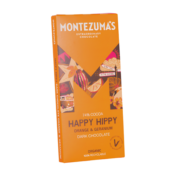 Montezuma's Happy Hippy Dark Chocolate with Orange & Geranium (90g)